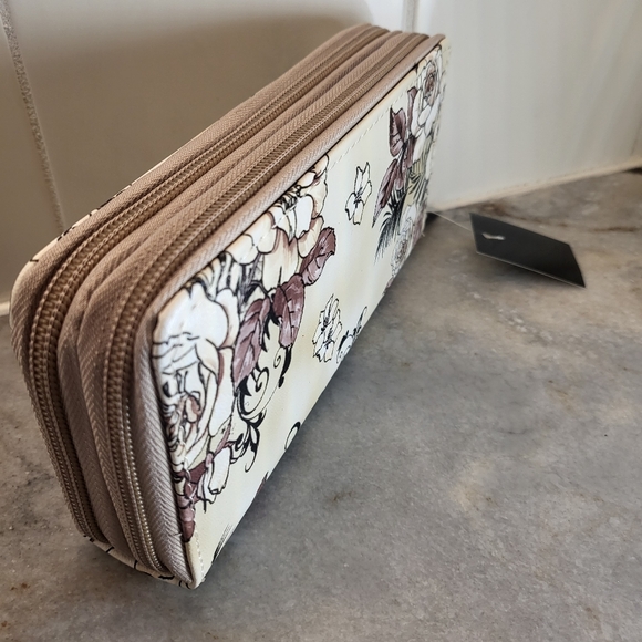 Floral Women Long Wallet Clutch Double Zip Wristlet Beige White Brown Flowers - Picture 3 of 6